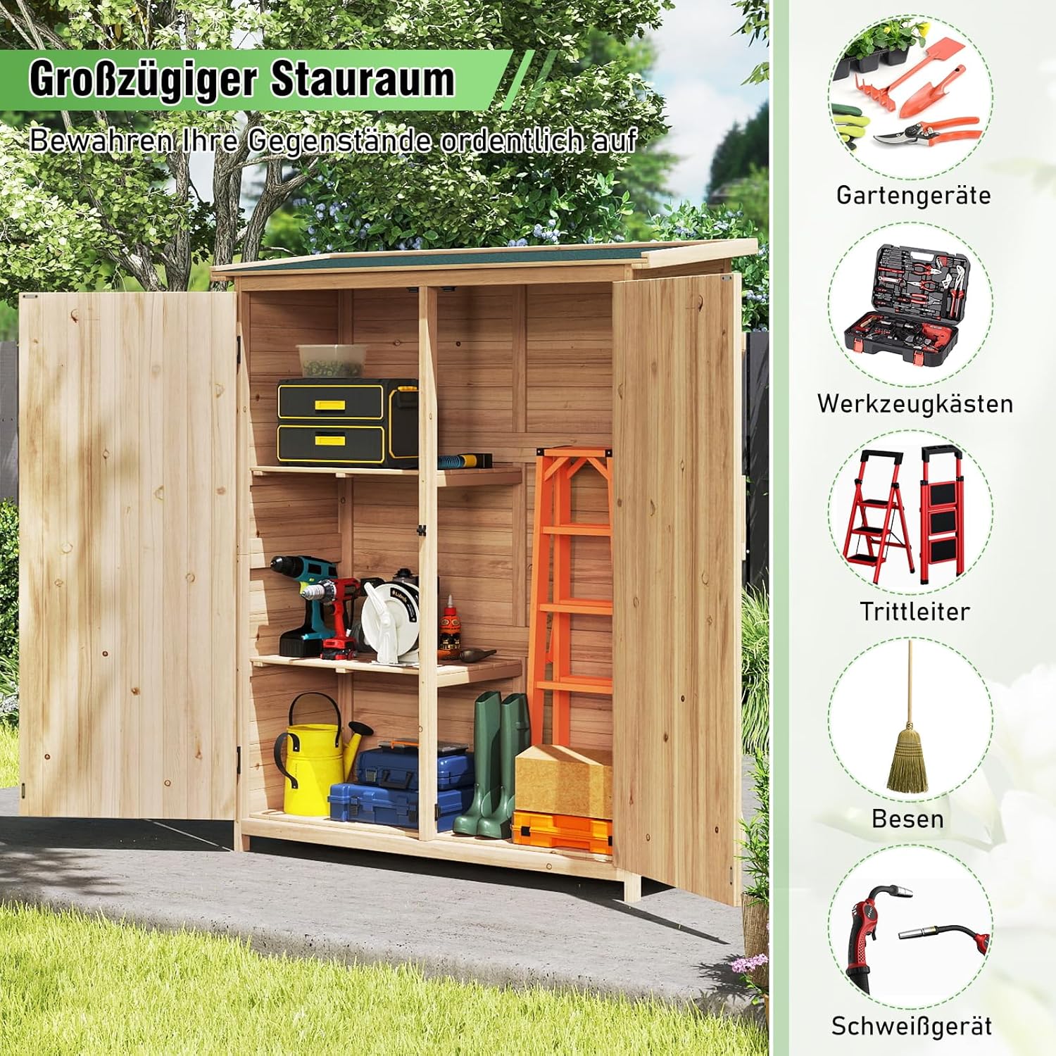 COSTWAY Gartenschrank Holz, Geräteschuppen mit Wasserfestem Asphaltdach & Abnehmbare Regale & Abschließbare Türen, Gerätehaus, Outdoor Gartenhaus für Garten, Terrasse, Rasen, 140 x 51 x 163 cm