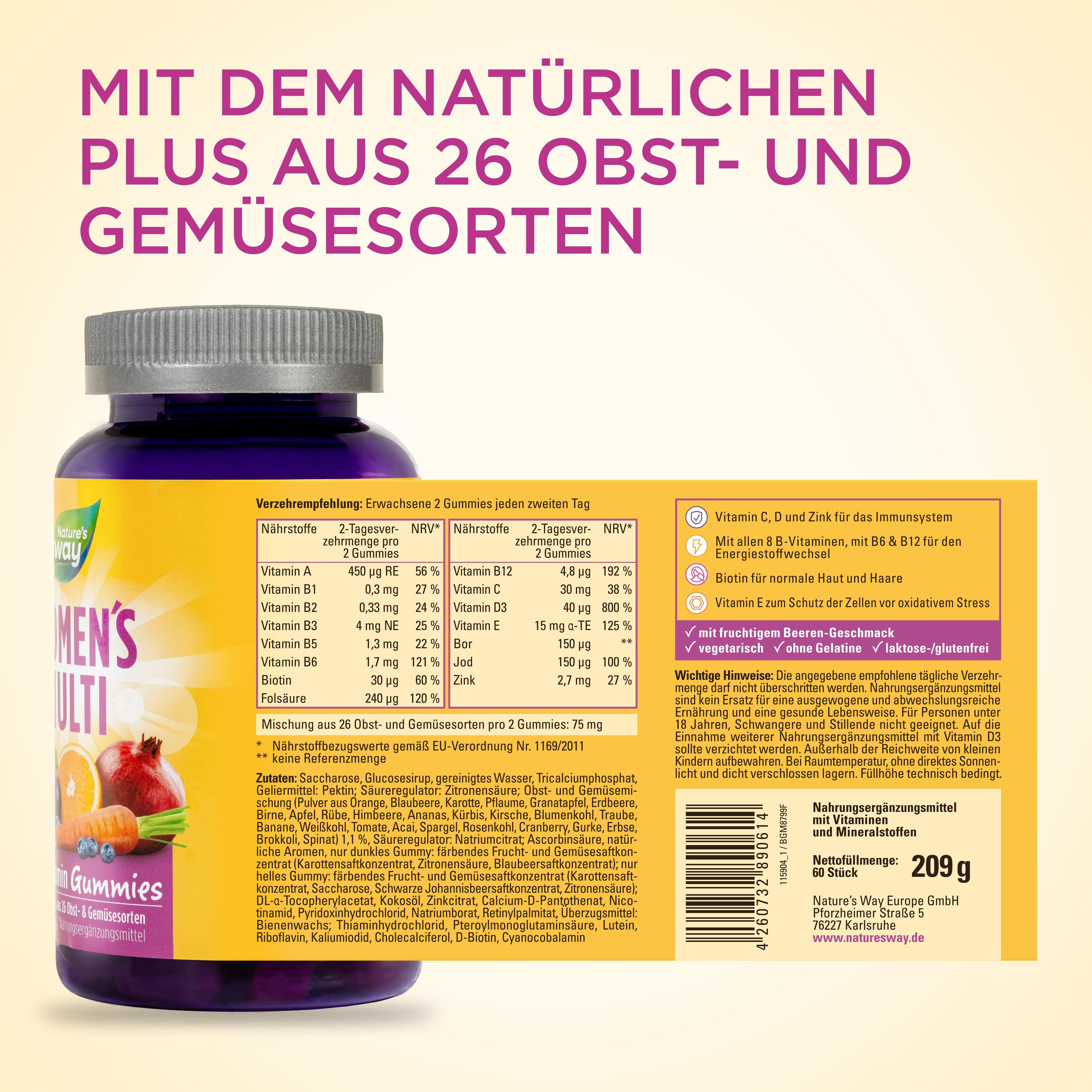 Nature's Way Women's Multi Multivitamin Gummies - A-Z Vitamine für Frauen - mit Folsäure, B12 & Zink