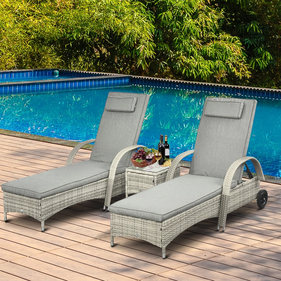 Outsunny Rattan Sonnenliegen mit Tisch grau