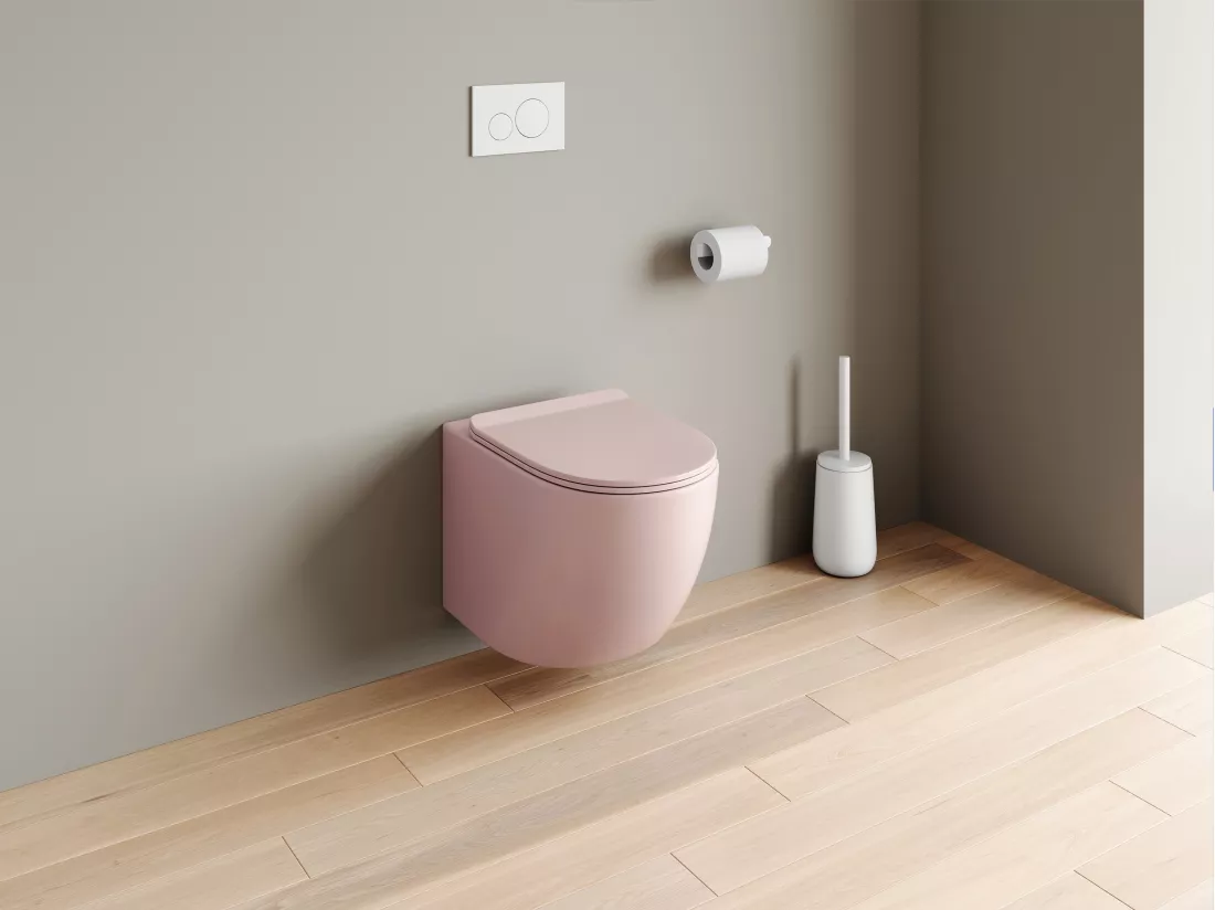 WC suspendu rose mat en céramique sans bride - JAVOINE