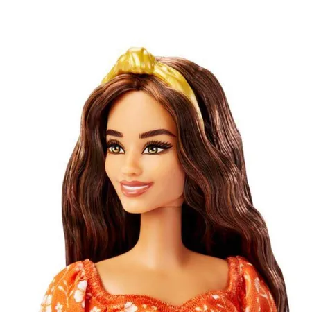 Barbie Fashionistas Puppe orangefarbenes Blumenkleid und Absatzschuhe