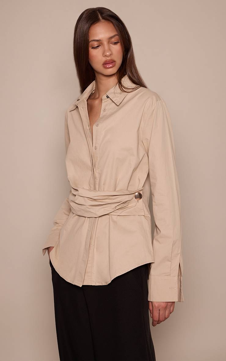 Sable Chemise Oversize En Coton Avec Détail Drapé Et Finitions Contrastées