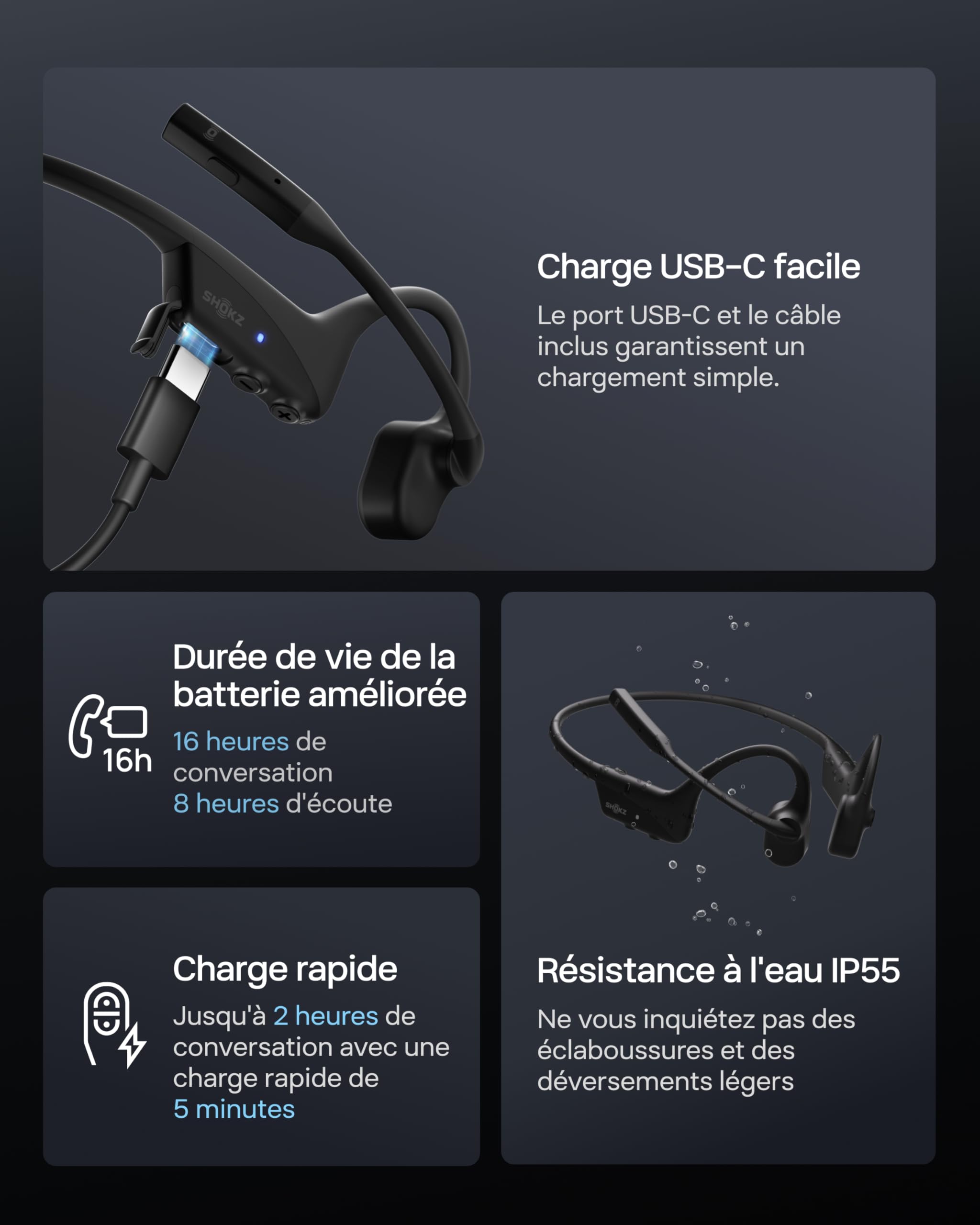 SHOKZ OpenComm2 UC 2025 Upgrade Conduction osseuse avec Adaptateur USB-A, écouteurs Bluetooth Oreilles Libres avec Micro Anti-Bruit, écouteurs sans Fil, 16 Heures d’autonomie, Signet de, Noir