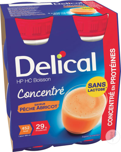 Delical Concentré HP HC Boisson Sans Lactose Saveur Pêche Abricot Bouteilles 4x200ml