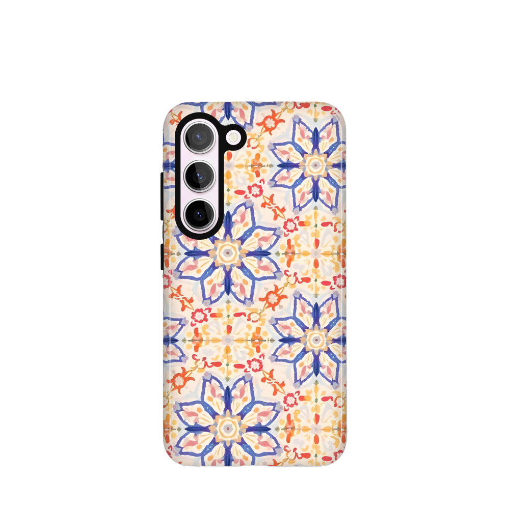 Samsung Galaxy S23 5G Hybrid (Kunststoff / Gummi) Hülle Majolika-Aquarellblüte - Blau / Gelb / Rot