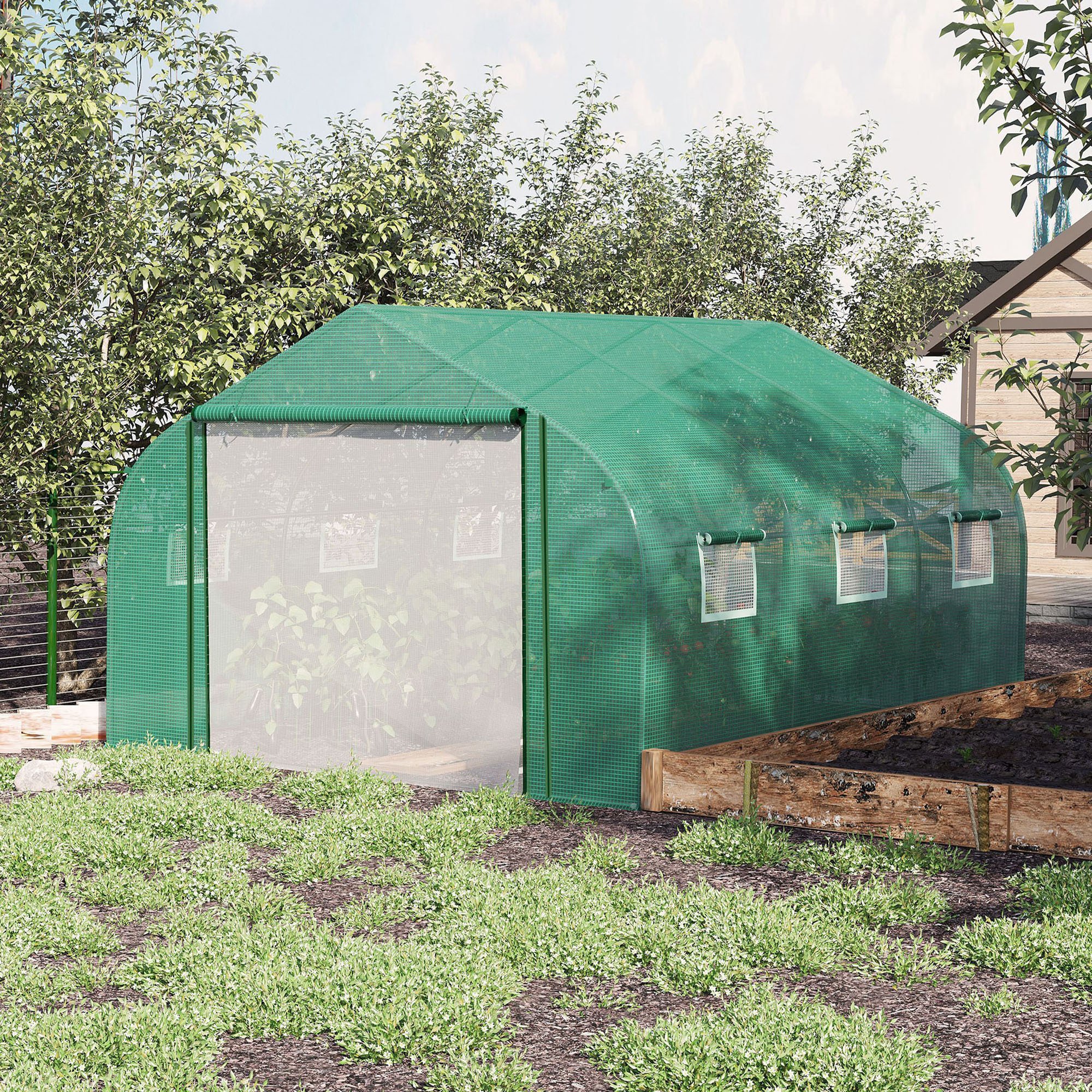 Estufa túnel verde Outsunny com porta e 6 janelas de enrolar para o cultivo de plantas e flores.