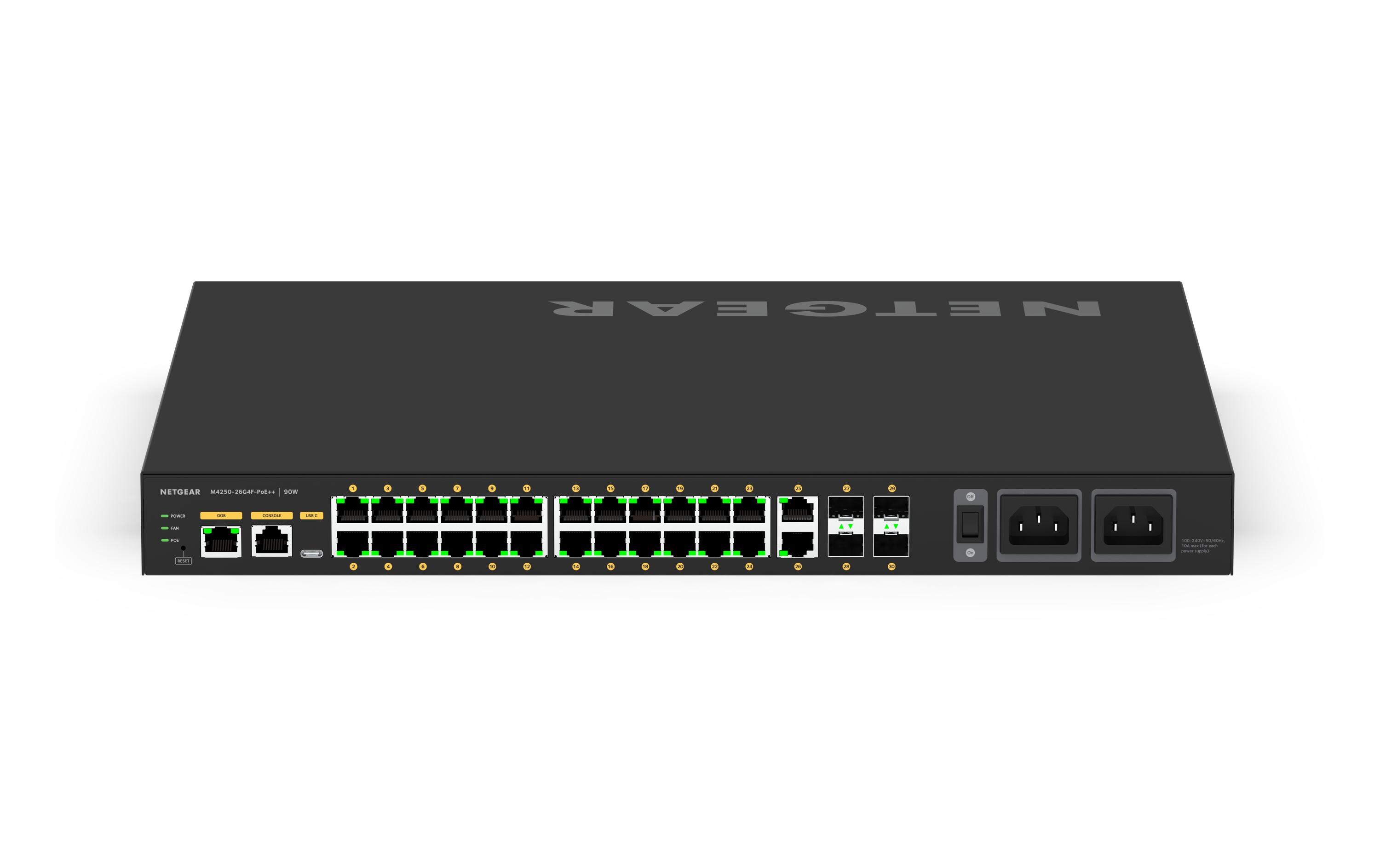 PoE++ Switch AV Line M4250-26G4F-PoE++ 28 Port<br>NETGEAR AV Line M4250-26G4F-PoE++ 24x1G Ultra90 PoE++ 802.3bt 1.440W 2x1G und 4xSFP Managed Switch (GSM4230UP)