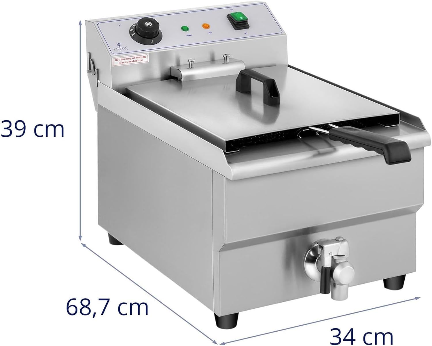 Royal Catering Elektrische Fritteuse für Restaurant, einfach, mit professionellem Wasserhahn RCEF 16EB (3500 W, 16 l, Temperatur max. 200 °C, Kaltzone, Ablaufhahn)
