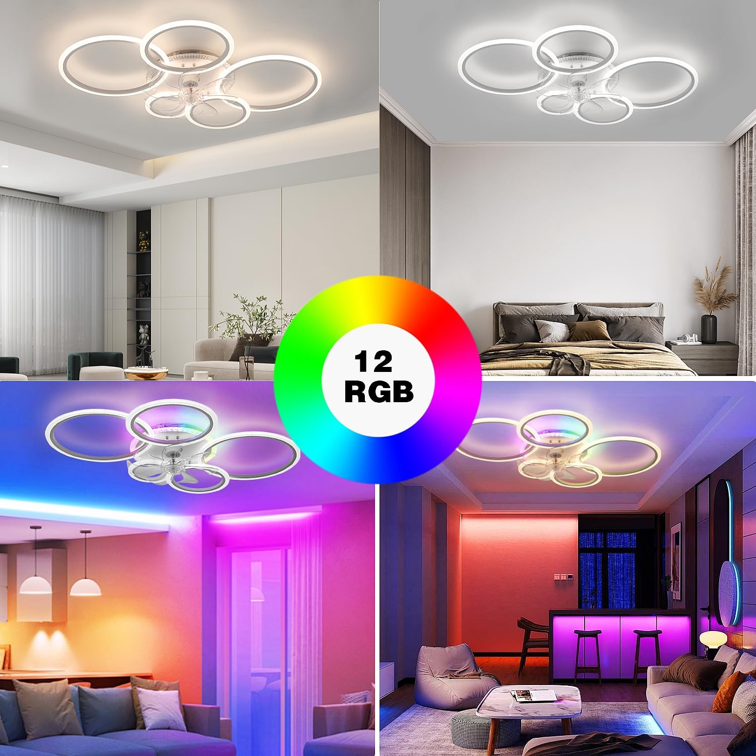 Deckenleuchte mit Ventilator, leise, weiß, Deckenventilator mit Beleuchtung, App und Fernbedienung, 72 W, 6270 lm, Dimmbar, RGB LED, für Wohn- Schlaf- und Esszimmer, 6-Gang, Timer