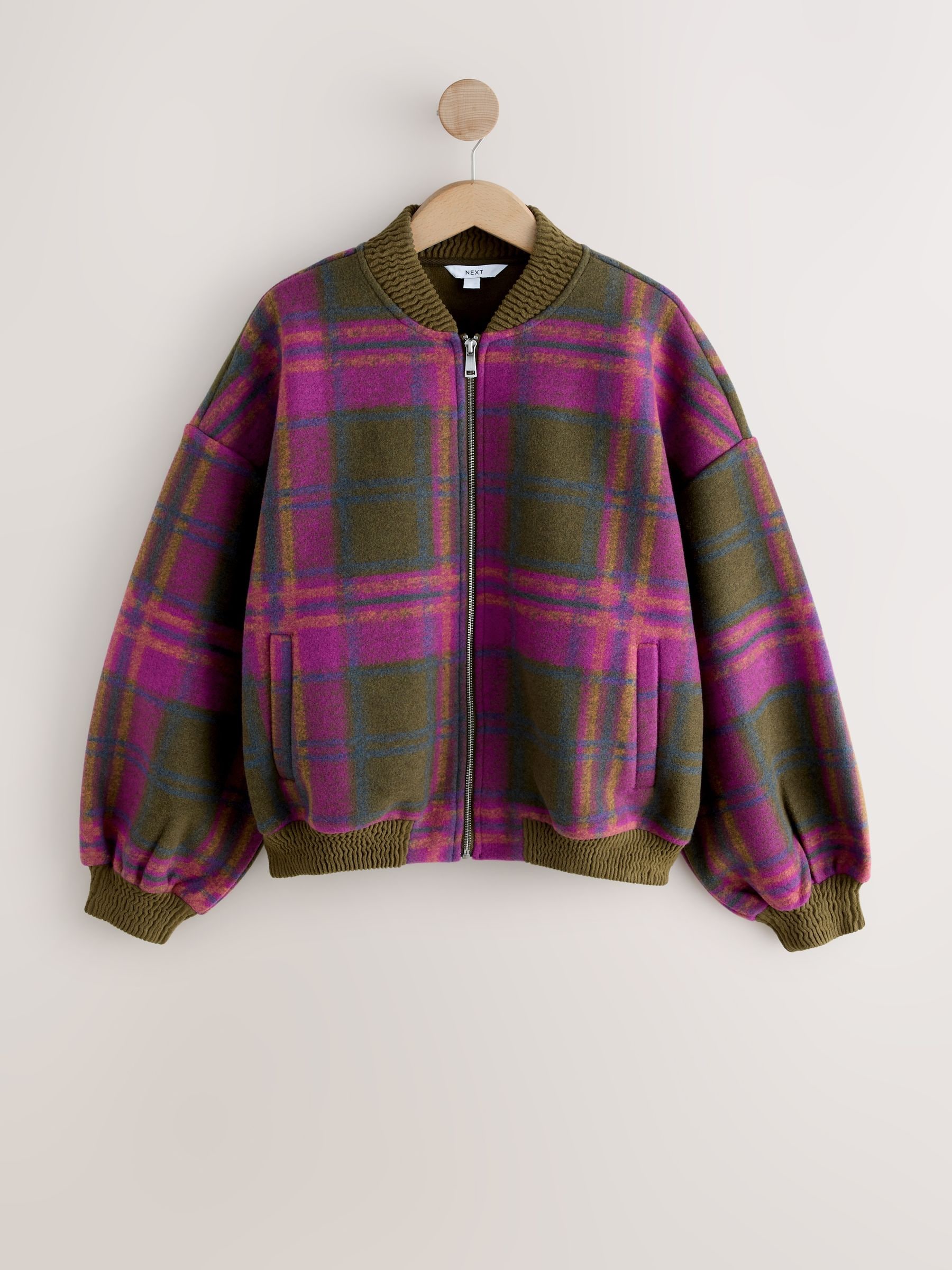 Olijfgroen/roze geruit - Geribd detail geborsteld bomber Jack