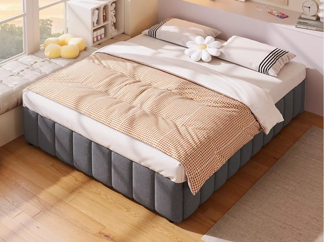 Lit coffre capitonné en lin - 140x200 cm - sans tête de lit - Gris