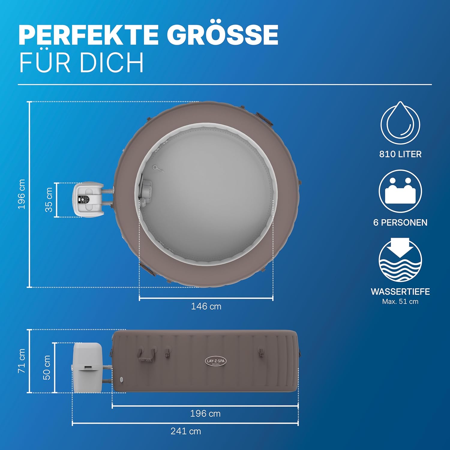Bestway® Lay-Z-SPA® Energiespar-Whirlpool Dominica HydroJet™ mit App-Steuerung, für 6 Personen Ø 196 x 71 cm, Urbanbraun