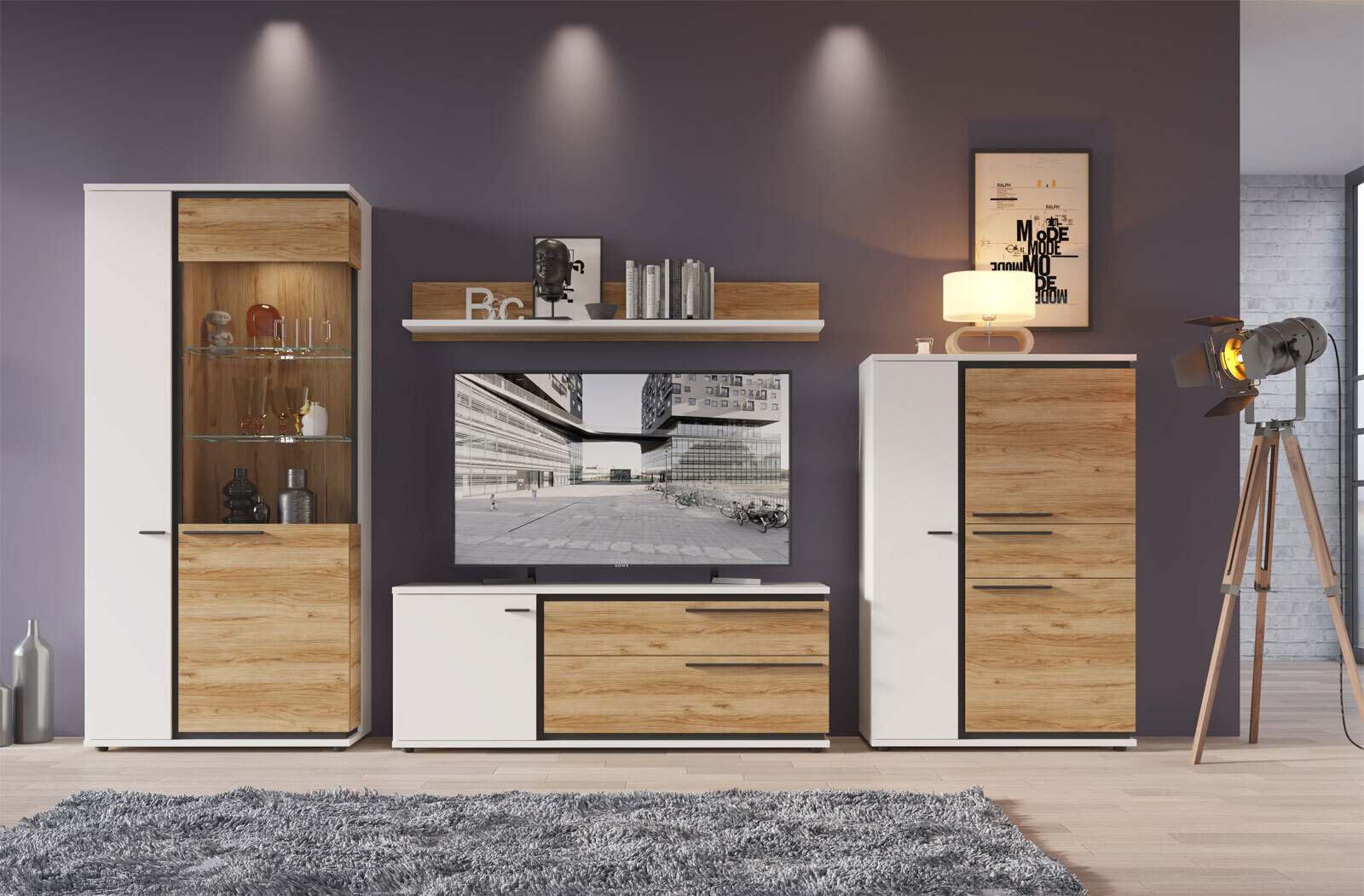 Vitrine Salinas 93x199,3x37cm Alpinweiß Catania Eiche