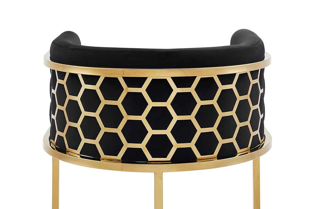 Stilvoller Barhocker ELEGANCE schwarz Samt gold Edelstahl mit Armlehne und Fußablage