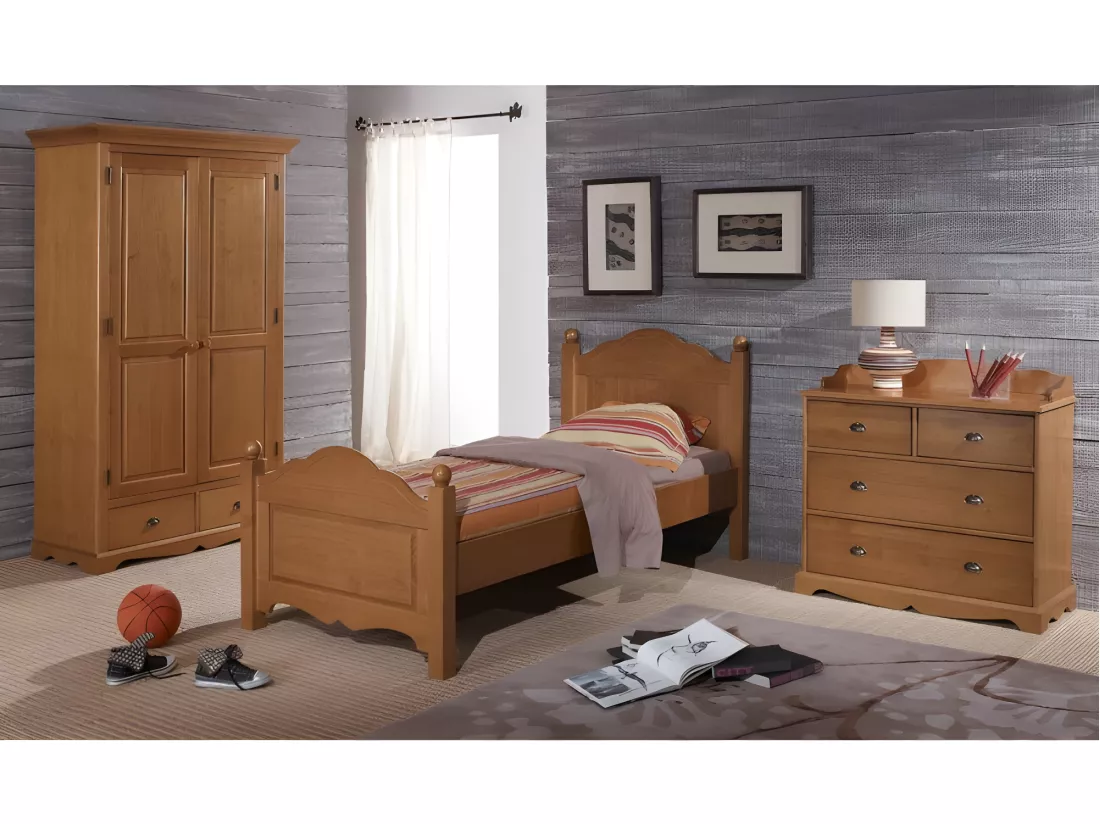 Chambre Enfant Pin Miel Lit 90 + Armoire + Commode