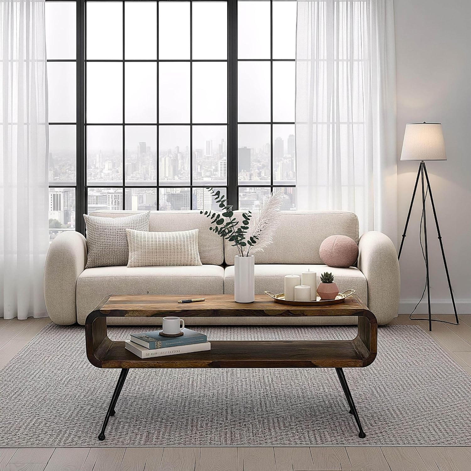 FineBuy Retro Couchtisch Sheesham Massivholz 100cm · Wohnzimmertisch rechteckig mit Ablagefach · Handgefertigter Sofatisch aus Holz mit Metallbeinen im Industrial Design