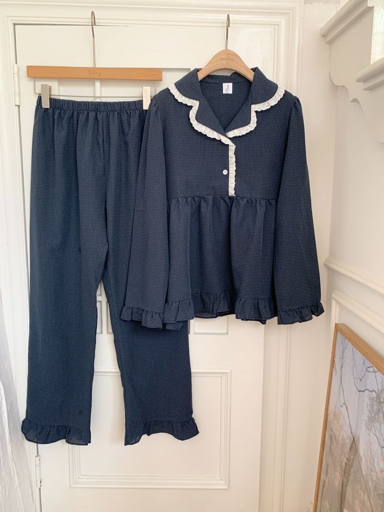 Tanee - Bijpassende pyjamaset voor koppels: geruite top met lange mouwen en kraag + rechte broek (verschillende ontwerpen)