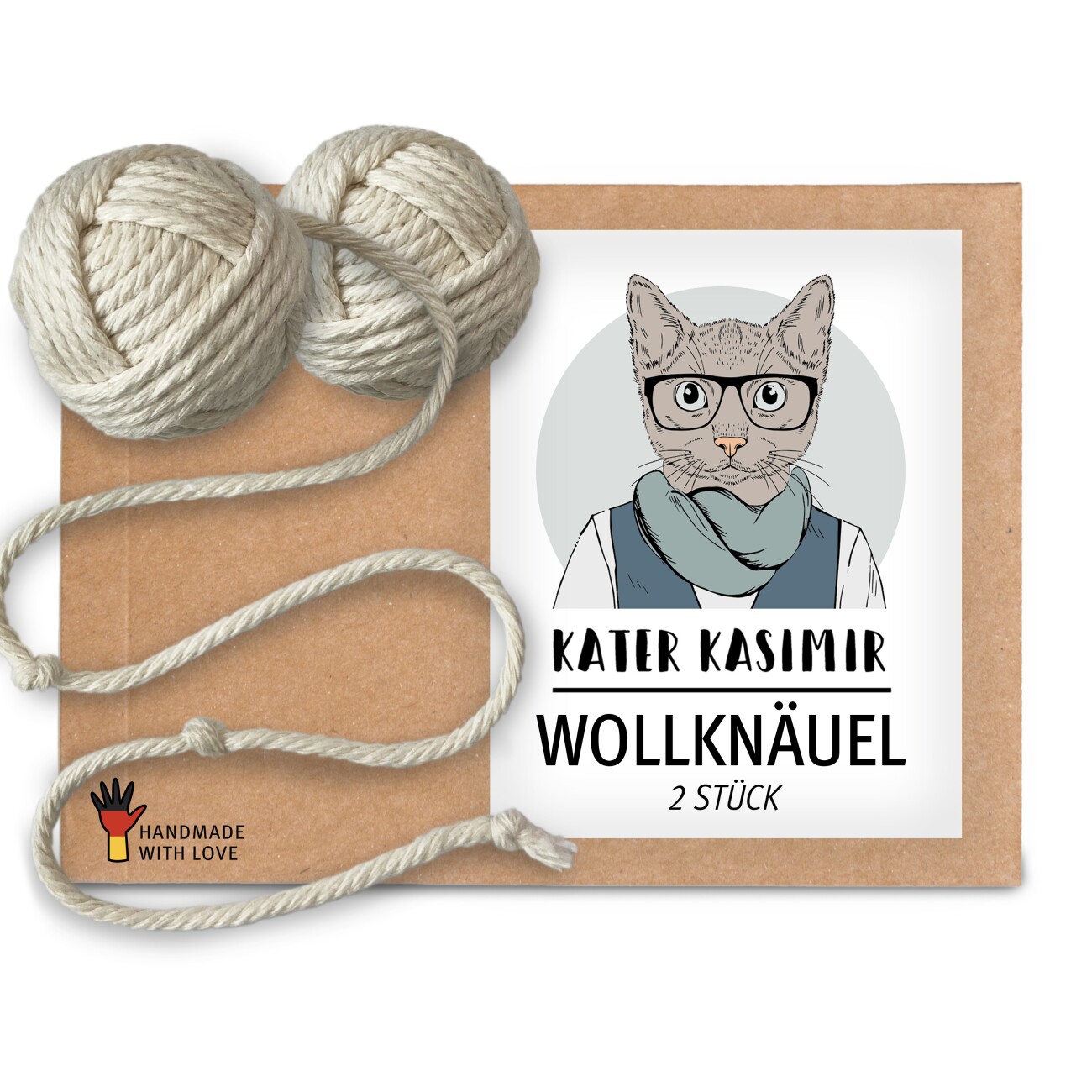 Kater Kasimir 2 Wollknäuel aus Baumwolle als Katzenspielzeug