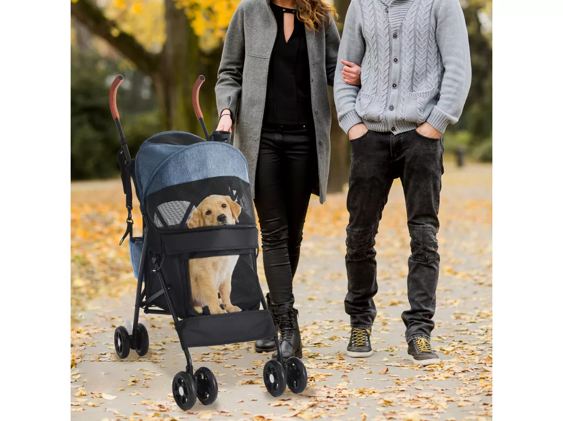 YITAHOME Poussette pour Chiens de Petite et Moyenne Taille - à 4 Roues avec Bretelles - Pliable - Porte-Gobelet - Bleu Marine