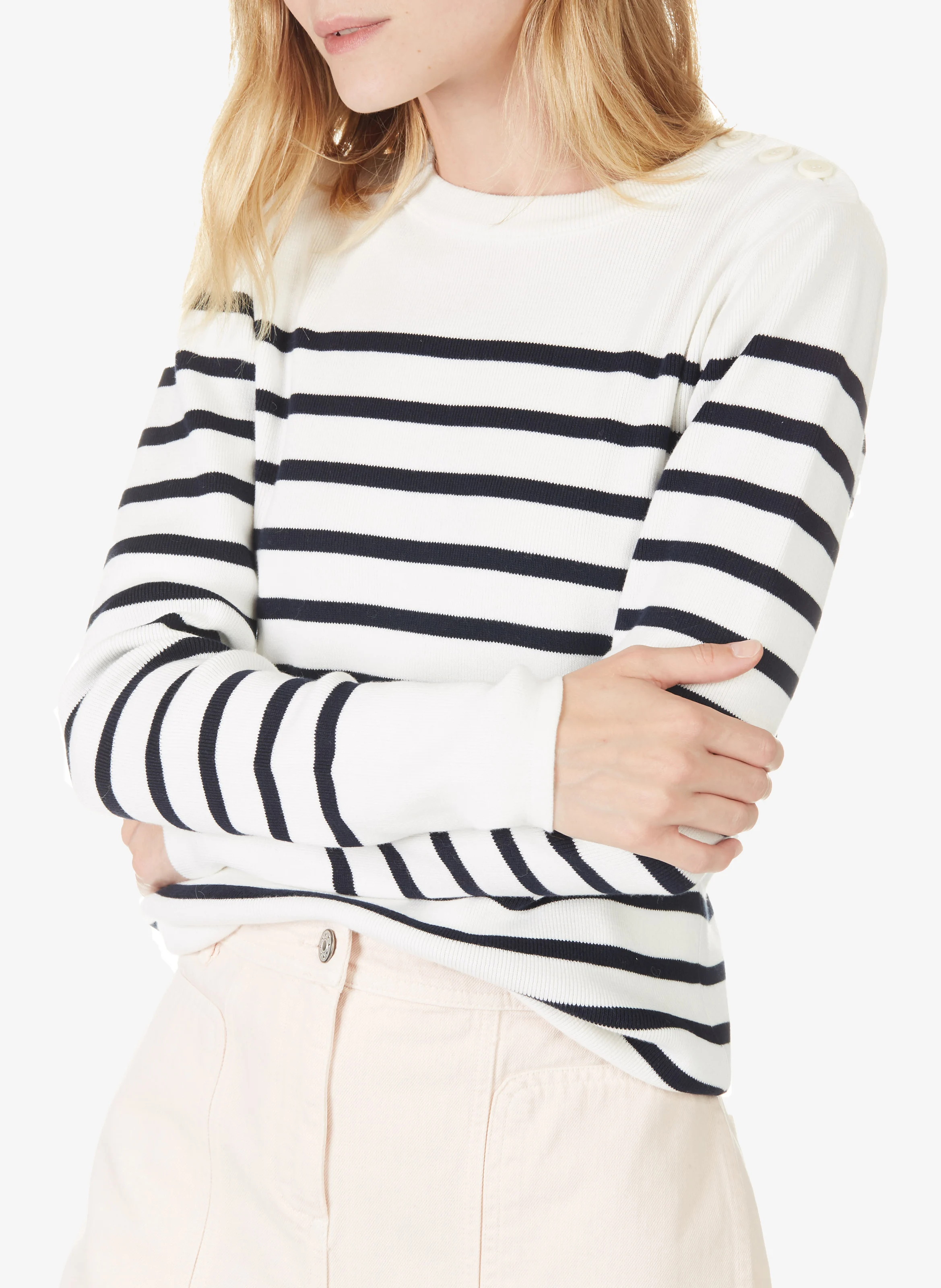 Pull col rond boutonné épaule en coton | Blanc
