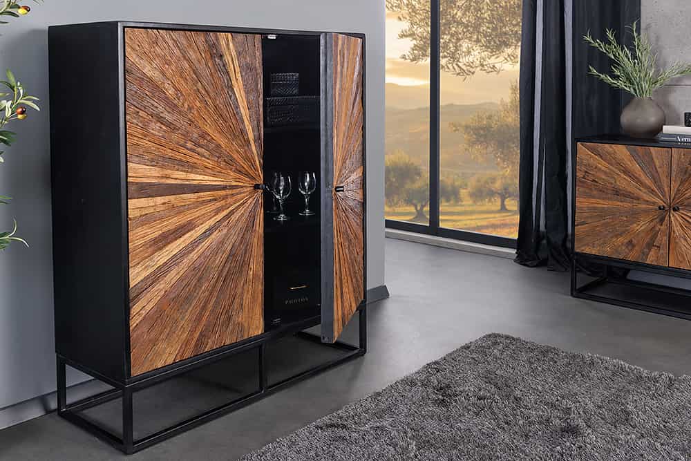Massives Highboard BARRACUDA 120cm braun Mangoholz mit Teakholz-Front schwarz Metall