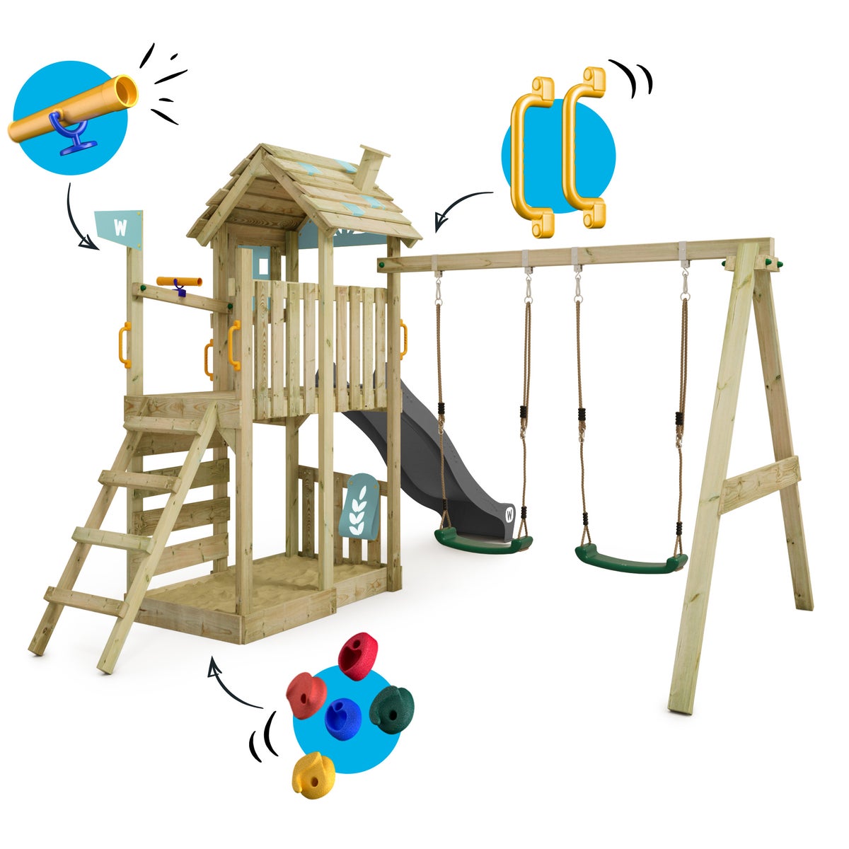 WICKEY FarmFlyer Speeltoren Klimrek met Schommel en Glijbaan, Klimtoren met Zandbak, Ladder en Speelaccessoires – Pastelblauw