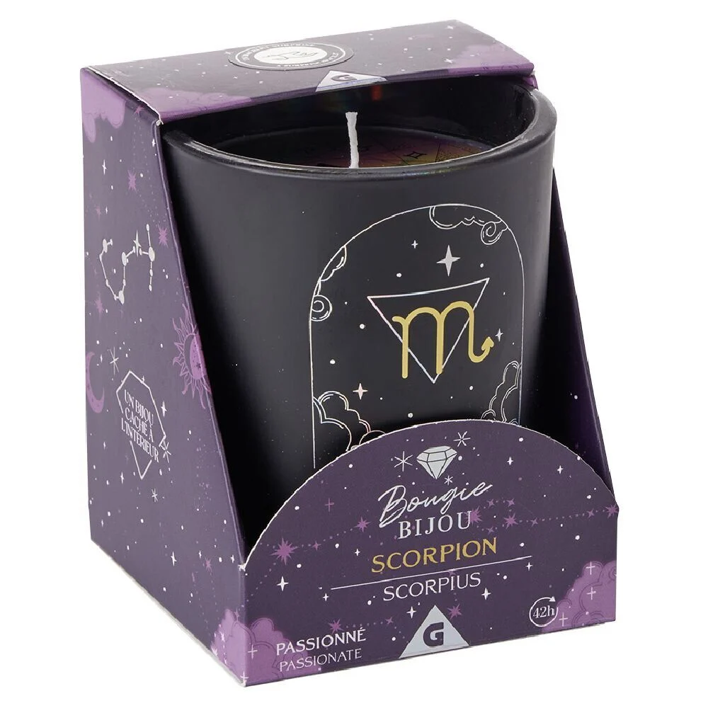 Bougie bijou argenté signe astro Scorpion senteur fruit de la passion 36H