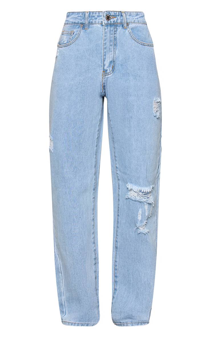 Light Blue Wash Jean Droit Taille Haute Effet Usé