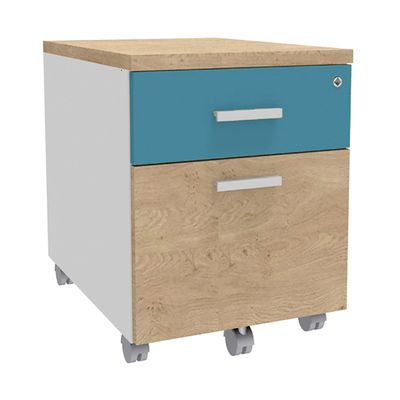 Caisson mobile INEO JET UP Bureau Vallée - L43 x H56 x P60 cm - 2 Tiroirs dont 1 dossier suspendu - façade imitation chêne clair et bleu argile