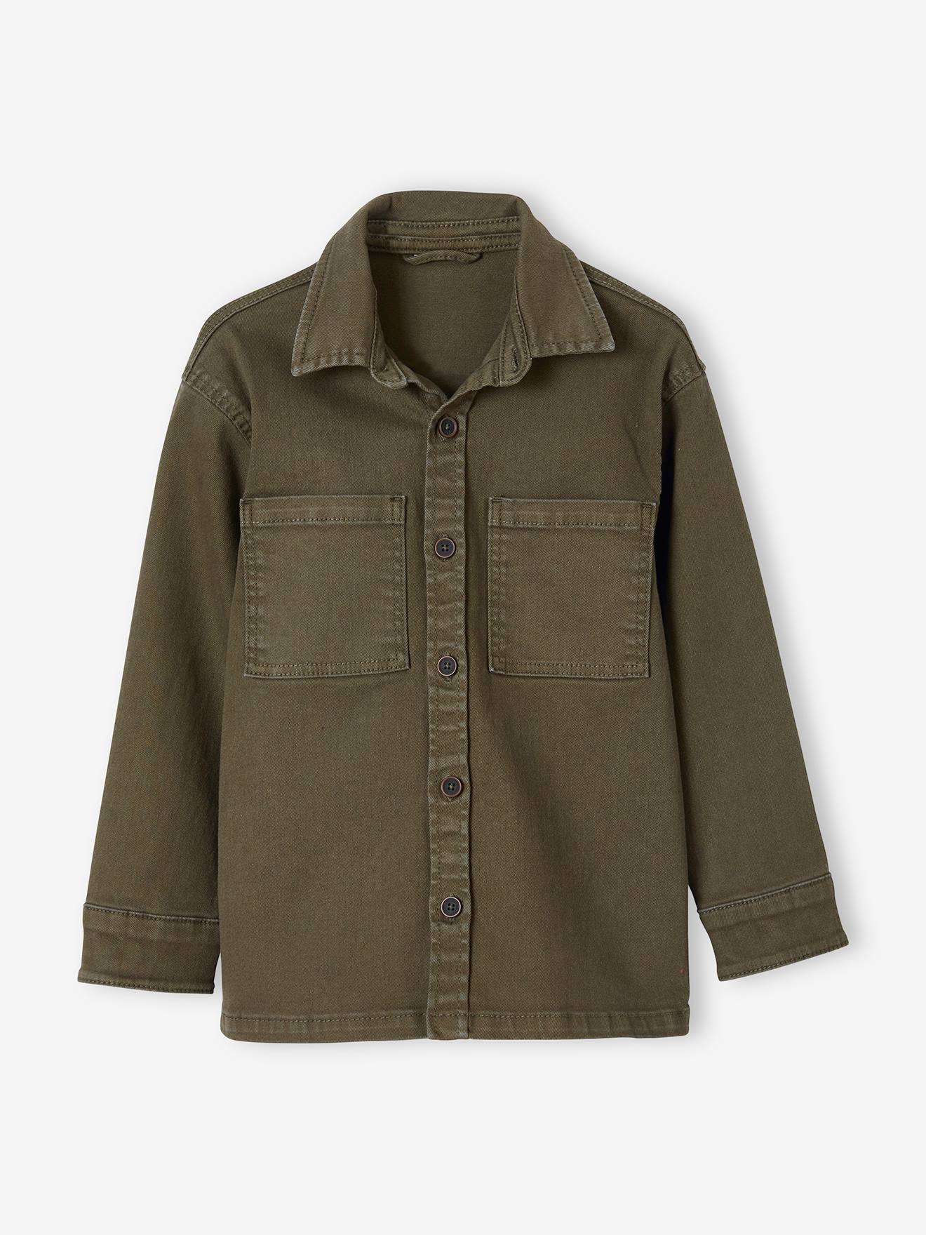 Sobretudo estilo aventureiro para meninos, verde médio liso com estampas.