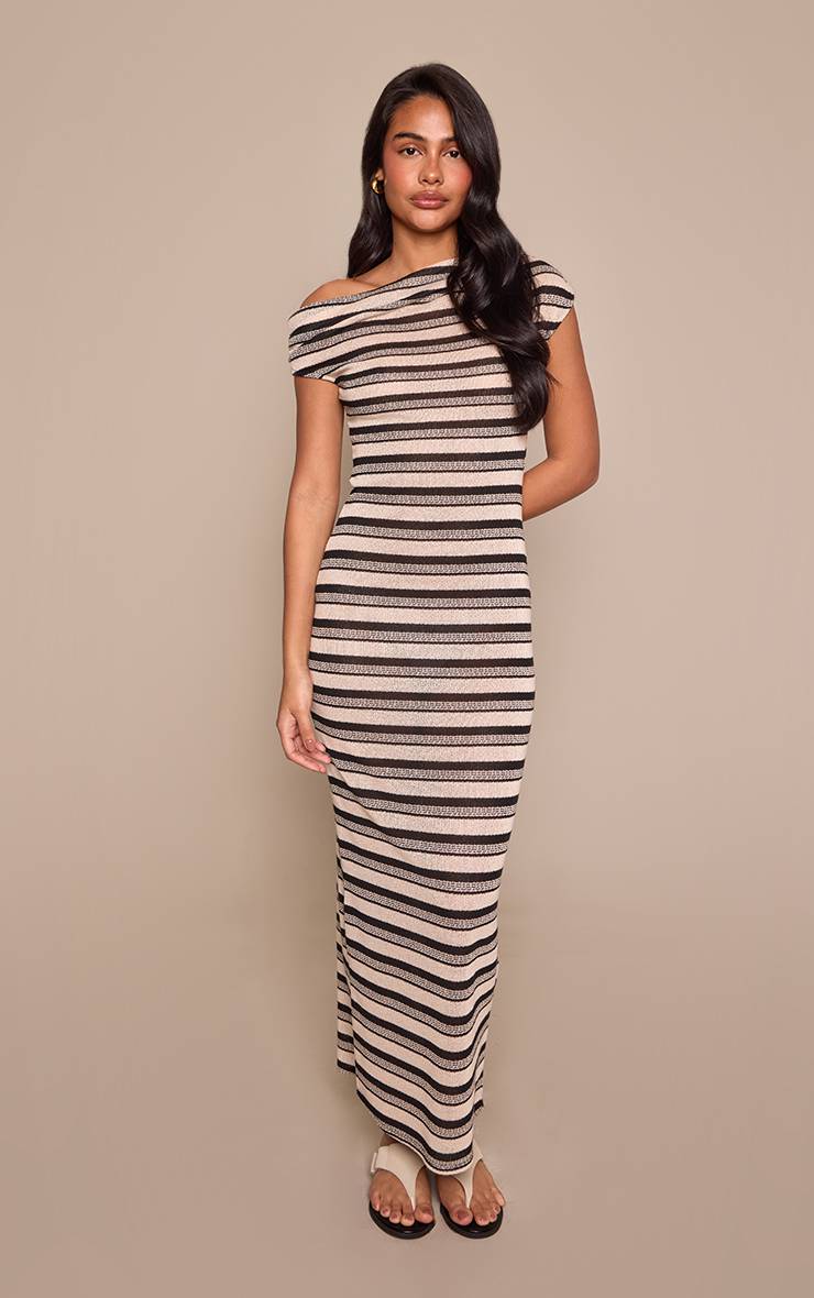 Noir Robe Maxi À Rayures Texturées Et Épaules Dénudées