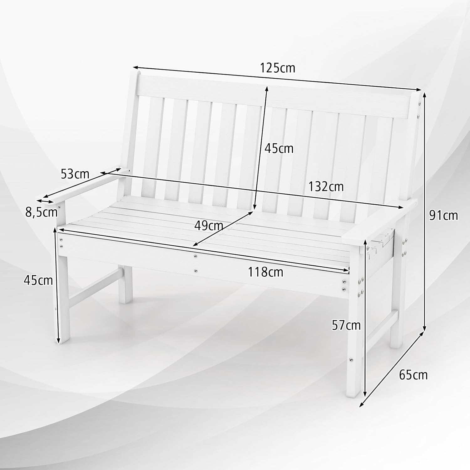COSTWAY Gartenbank wetterfest, Allwetter-Sitzbank aus HDPE, Parkbank für 2-3 Sitzer, Balkontank bis 320kg belastbar, Terrassenbank für Garten, Balkon und Terrasse, 132 x 65 x 91 cm (Weiß)