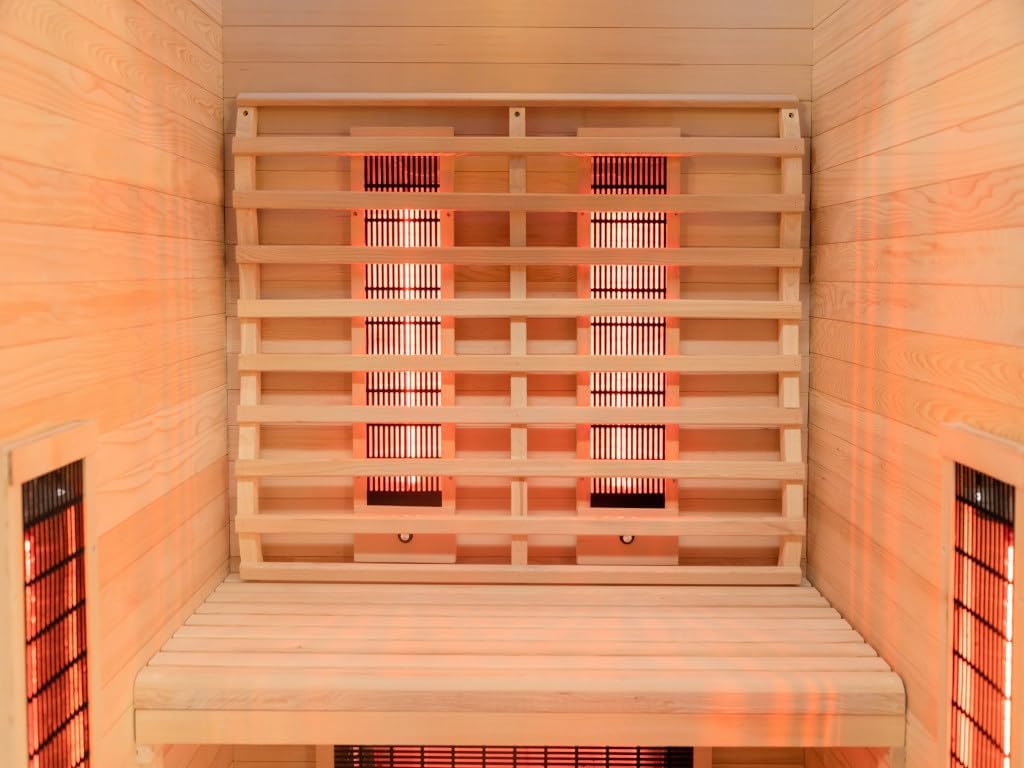 Infrarotkabine 2–3 Personen | Ganzglastür Klarglas | 120x100x195cm | Rubystrahler 1,5kW | Infrarot Sauna für Zuhause | Wärmekabine Holz natur | Fronteinstieg | Indoor Infrarotkabine