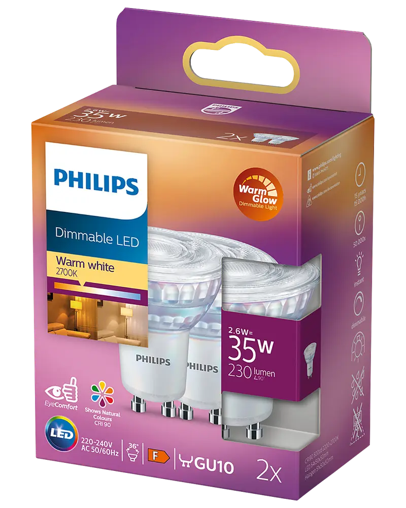 PHILIPS Reflektorpære 2,6W GU10 dæmpbar 2-pak