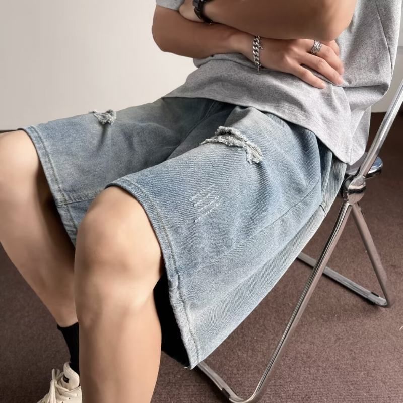 Kimeya - Mid Rise Washed Distressed Wide Leg Denim Shorts