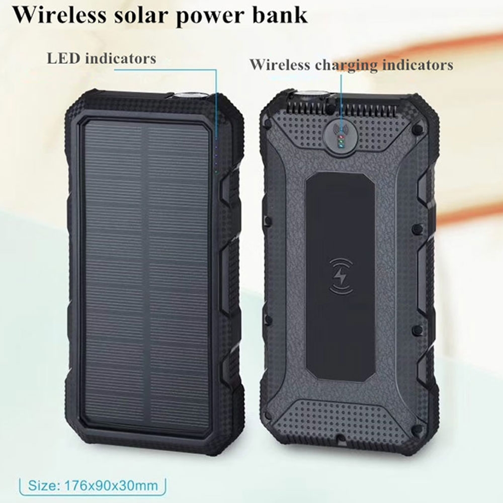 (18W) 20000mAh USB C Outdoor Solar Powerbank Qi Wireless Quick Charge Taschenlampe (Spritzwassergeschützt) - Schwarz