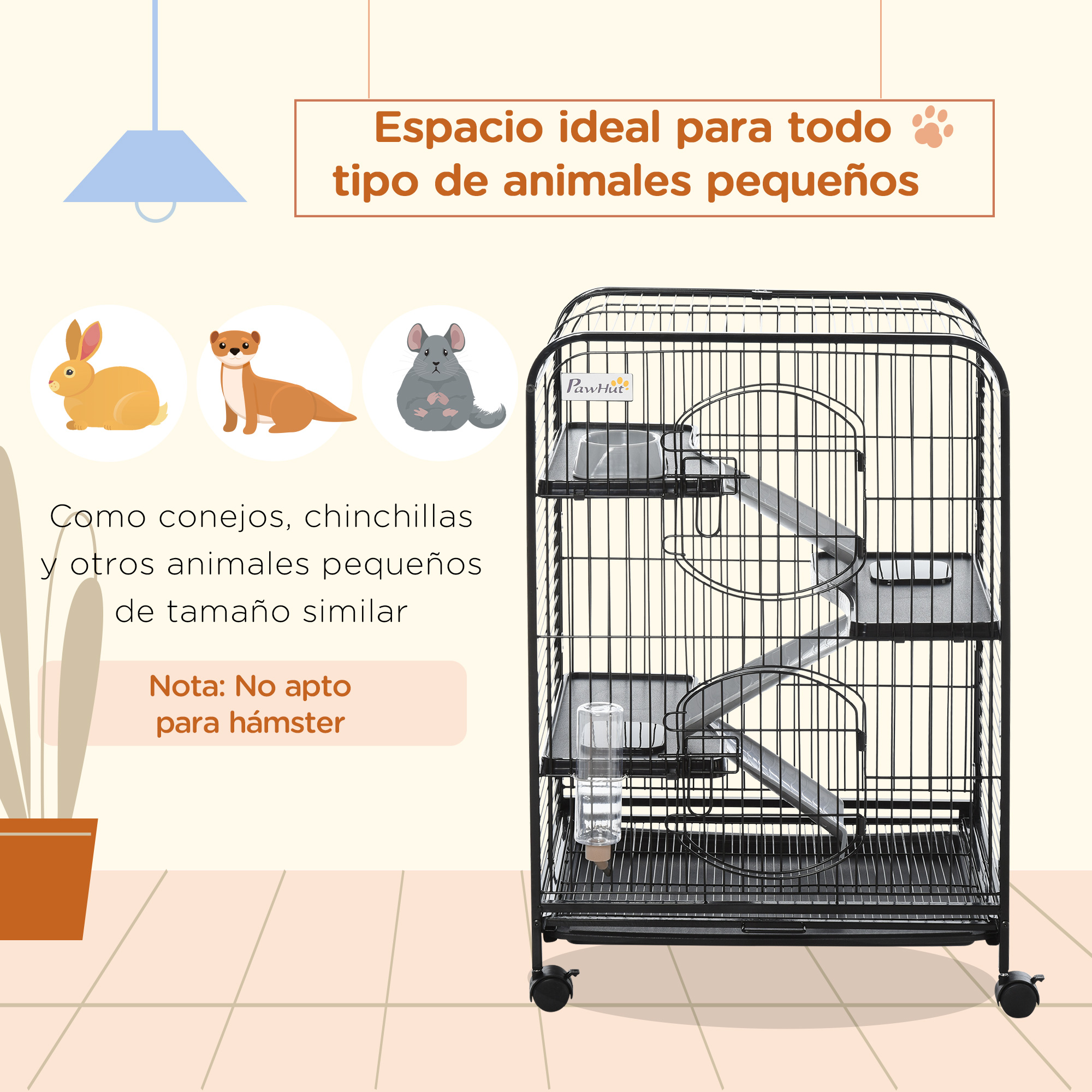 Gaiola PawHut de 6 Níveis para Pequenos Animais, com Rodas, Rampa, Bebedouro, Bandeja Removível, Ideal para Coelhos, Chinchilas e Furões, 64x43,5x131 cm, Preta