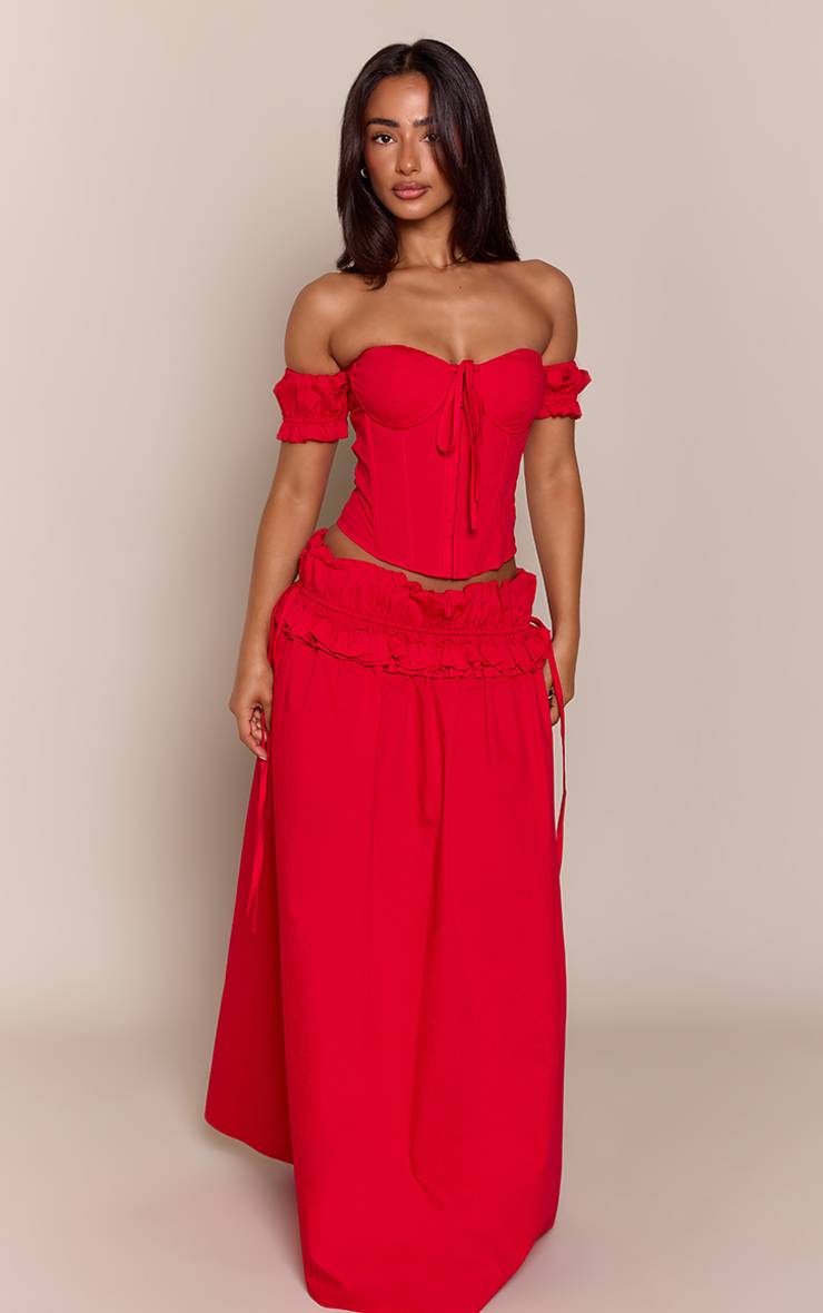 Rouge Top Corset Petite À Manches Courtes Et Liens Dans Le Dos - Ensemble Coordonné
