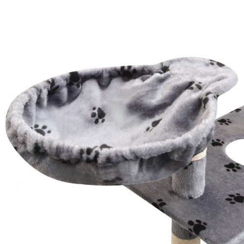 Arranhador para gatos, cinza, com pegadas de patas.