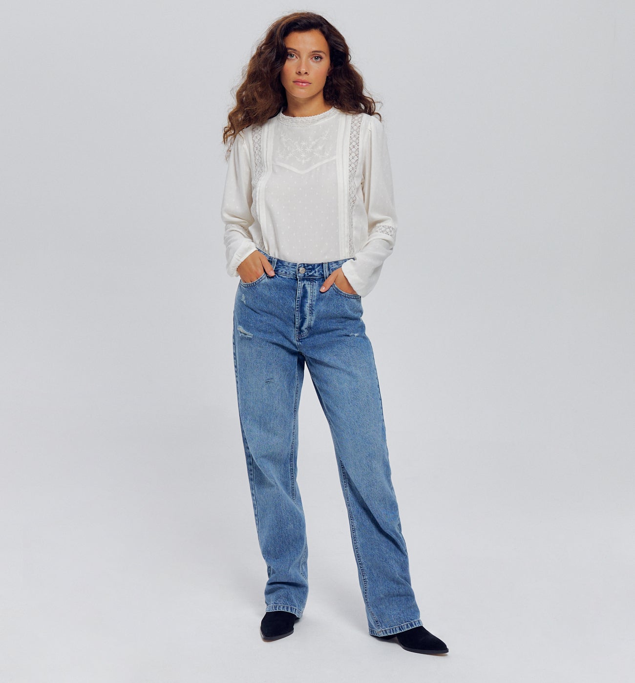 Blouse rétro brodée Femme - Ecru