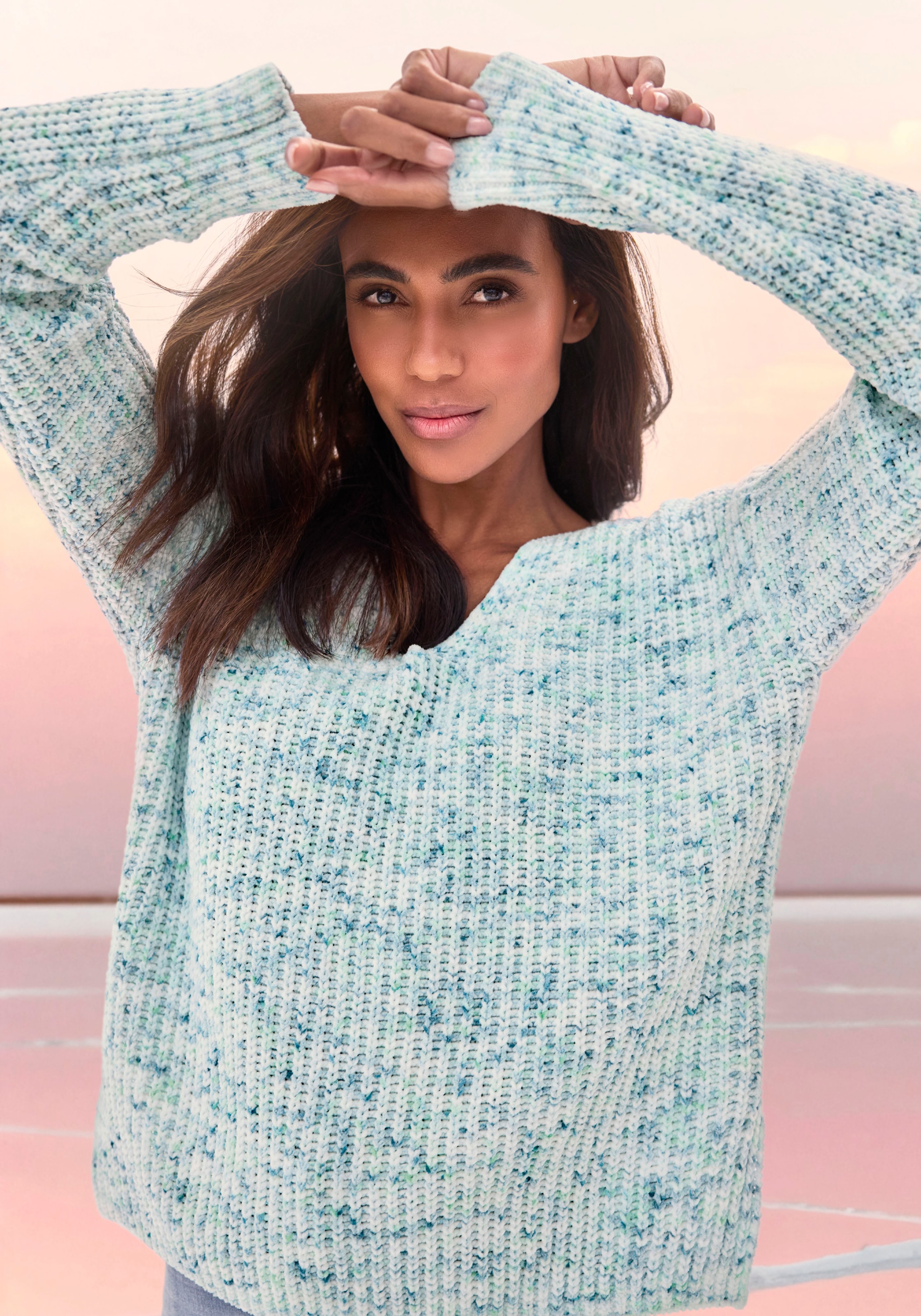Buffalo V-Ausschnitt-Pullover , aus weichem Chenille, Strickpullover, kuschelig weich, Pastell