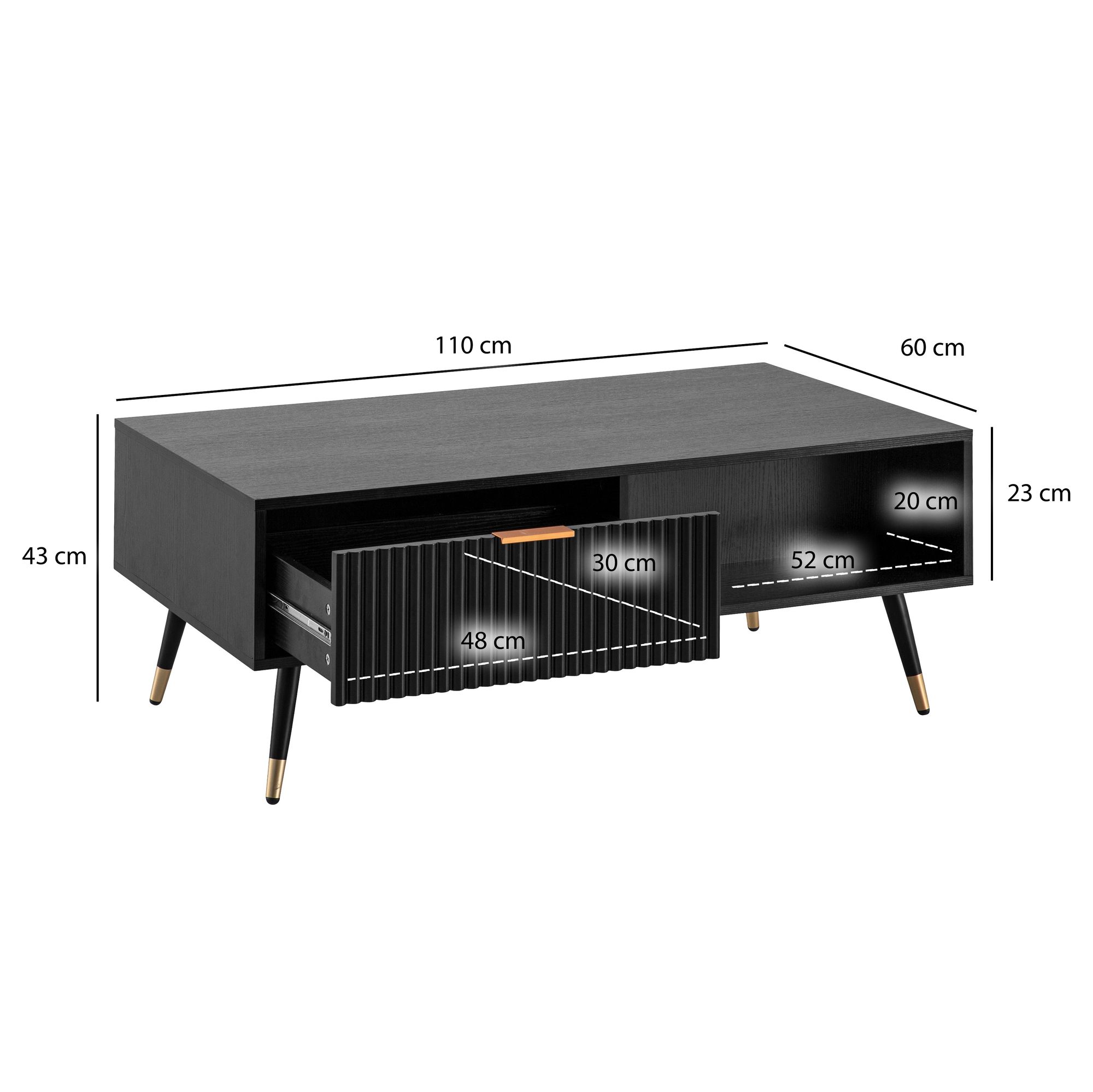 Couchtisch FineBuy Sofatisch 110x60 cm Schwarz Eiche Wohnzimmertisch Stauraum