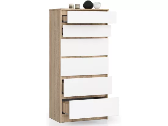 Commode AKORD K60 Chêne Sonoma 60 cm 6 tiroirs façade Blanche 60x40x130 cm