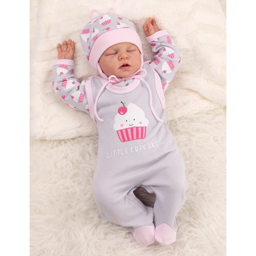 Baby Sweets 3tlg Set Strampler + Shirt + Mütze Little Cupcake grau rosa