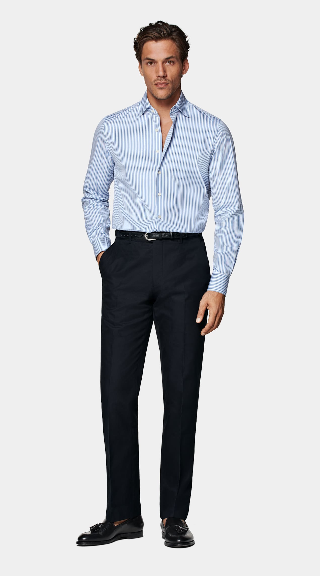 Chemise coupe ajustée en popeline bleue à rayures