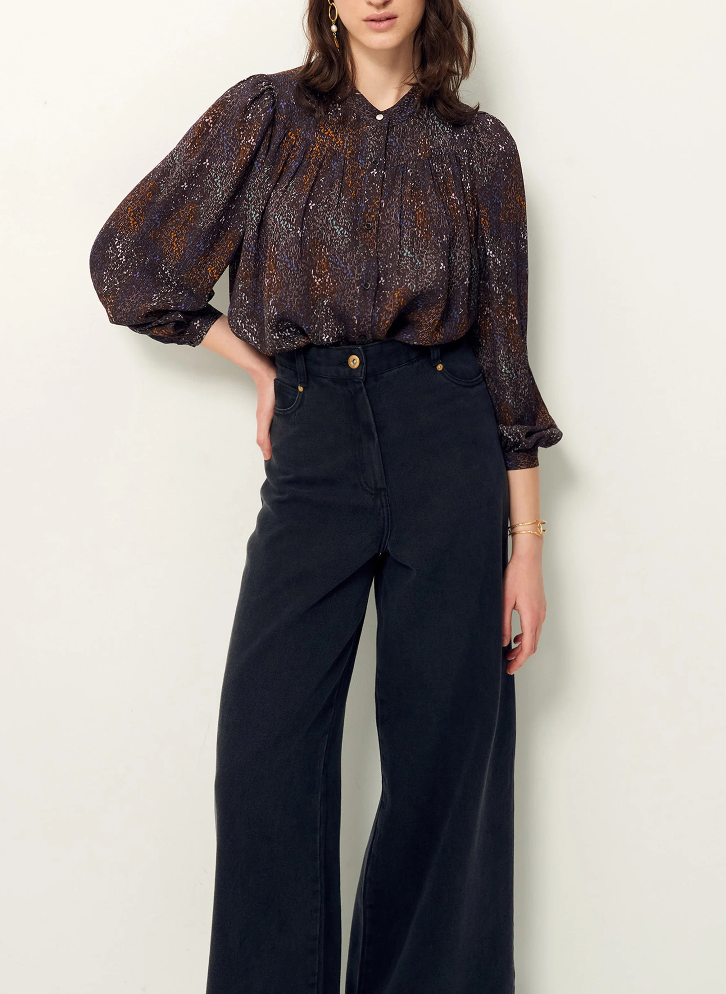 LEONCE - Blouse col rond droit imprimée | Bleu