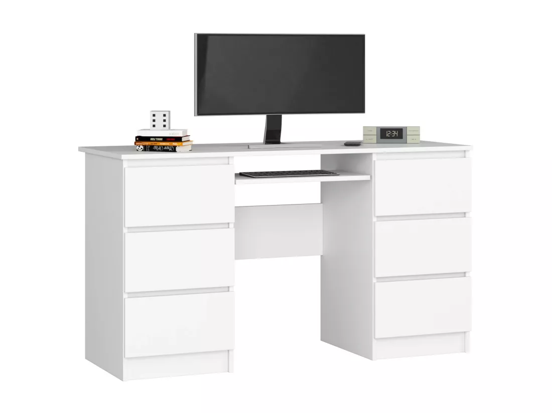 Bureau d'ordinateur AKORD A11 Blanc 135 cm 6 tiroirs façade Blanche 135x50x77 cm