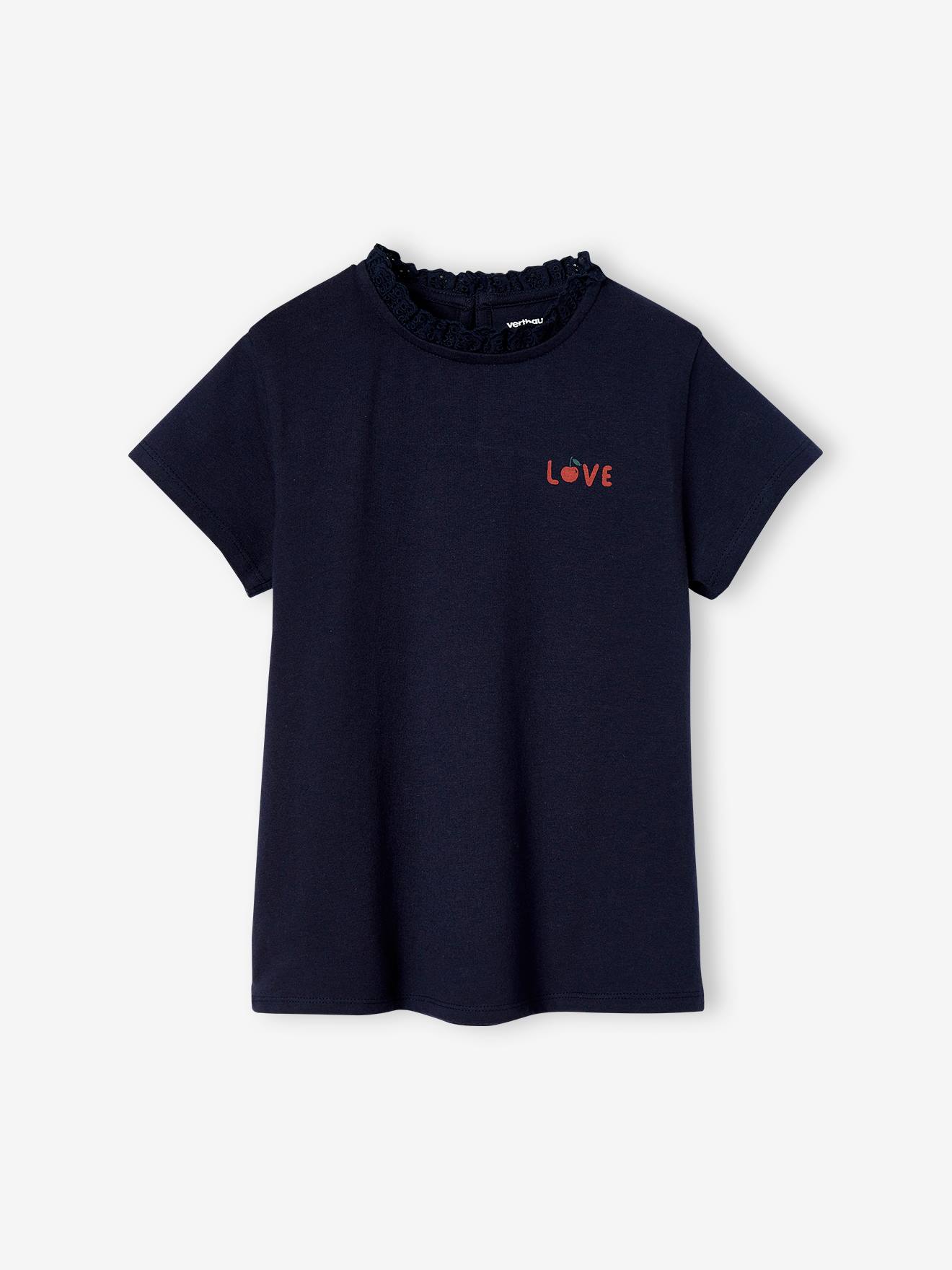 Camiseta azul-marinho de manga curta personalizável com gola para meninas