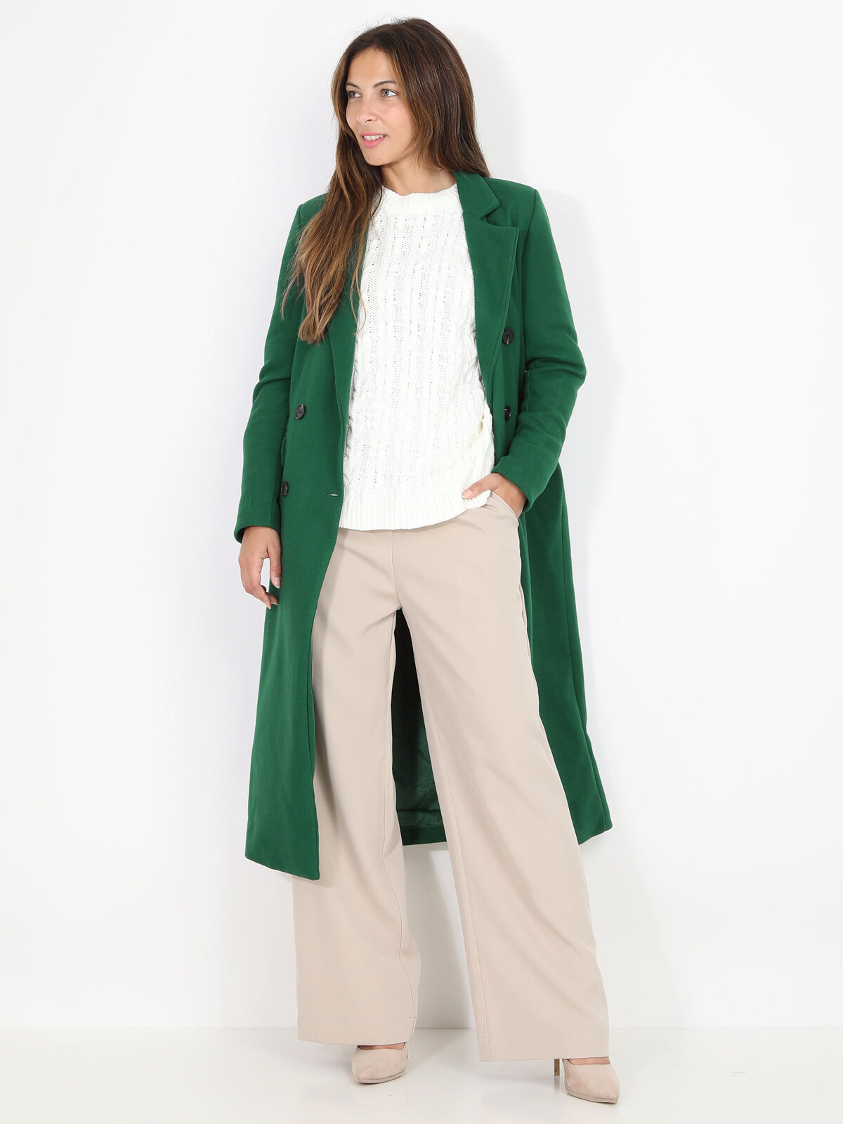 Manteau long à boutons- Vert