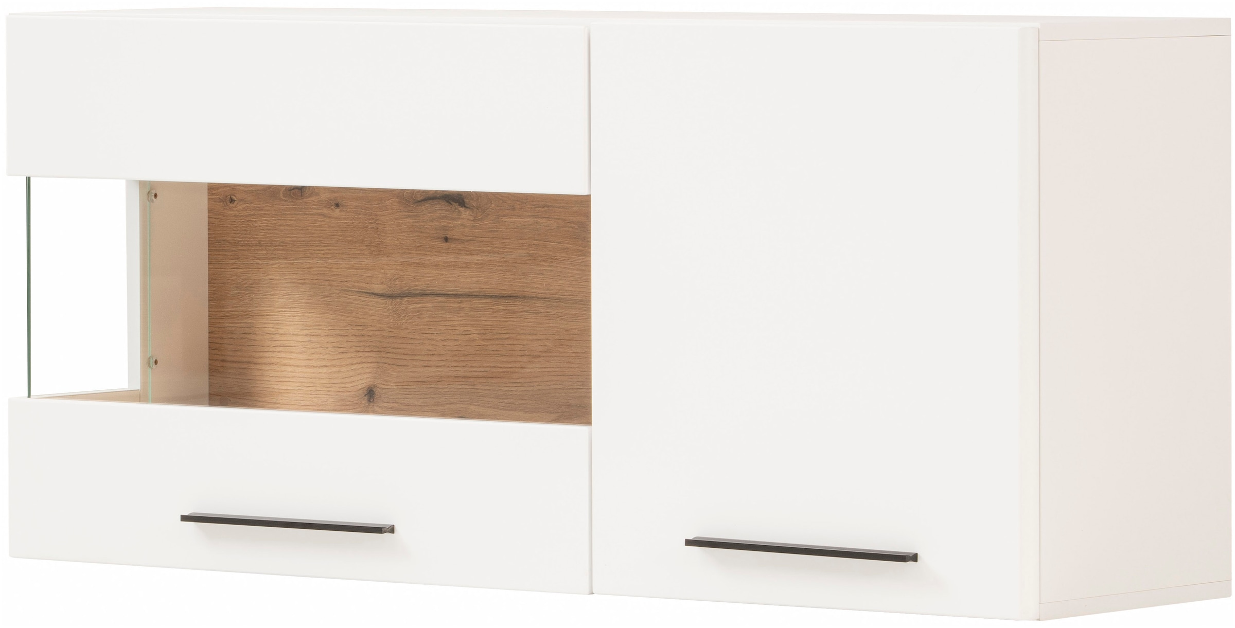 INOSIGN Hängevitrine »Salerno Hängeschrank, Glasvitrine, Weiss mit Eiche Evoke Dekor, modern.« Metallgriffe, ausreichend Stauraum, vielseitig einsetzbar, 120cm breit